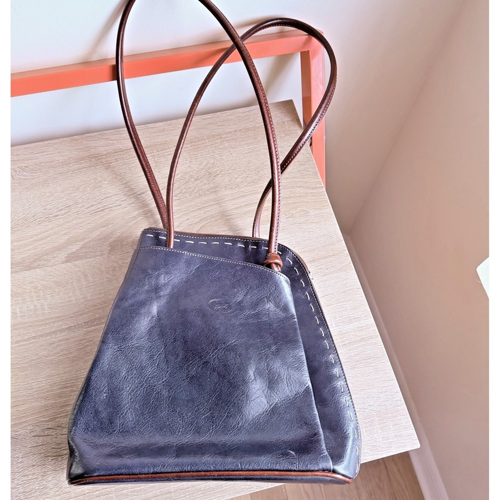 H Joe Stitched Leather Convertible Backpack Women's Navy‎ Brown Made in ITALY